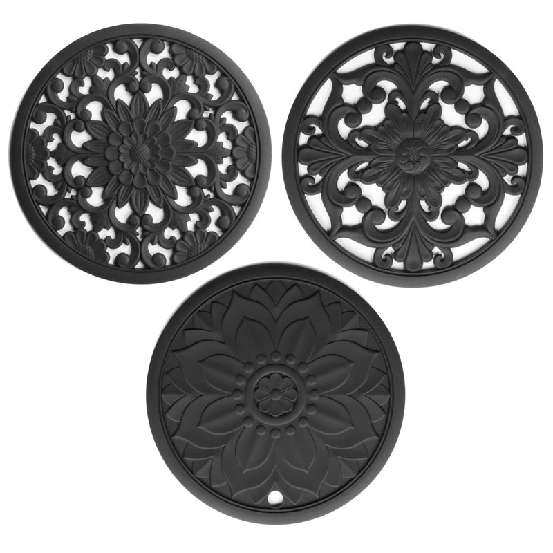 Hotsyang Silicone Trivets Mats Trivets for Hot Dishes  Table  Countertop  Non-Slip Heat Resistant Modern Kitchen Trivets Teapot Trivets Flexible Trivets Round  Hot Pads for Kitchen Table 3 Pcs Black - Image 1